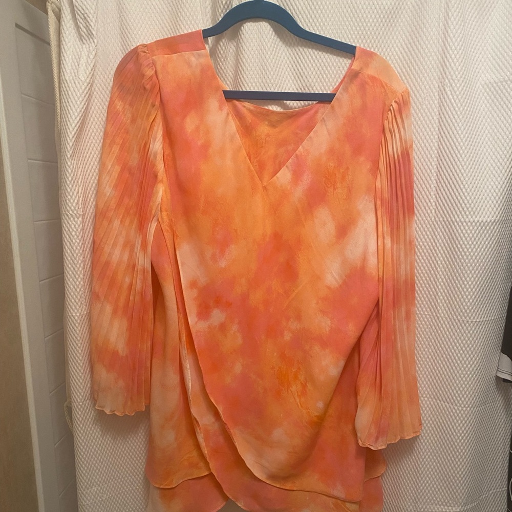 Laurie Felt Orange Pleated Blouse with Asymmetrical Design